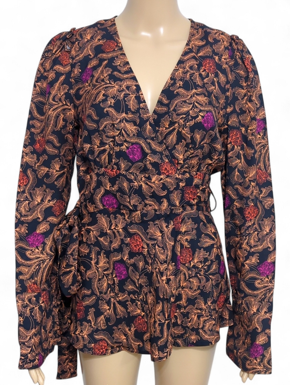 Proenza Schouler Baroque Floral Wrap Blouse Tie Waist Bell Sleeve 6 - Picture 2 of 9